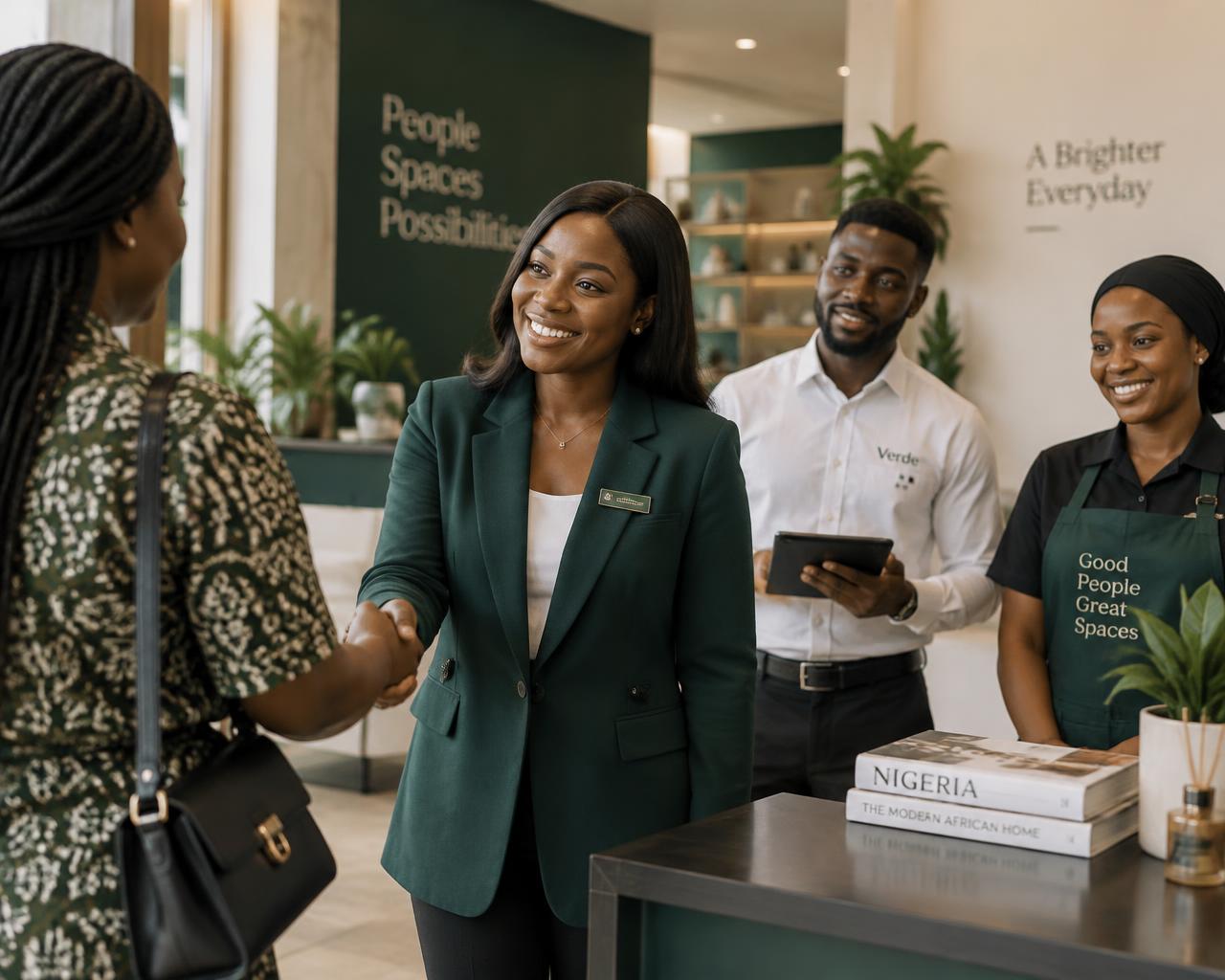 Professional African workplace team welcoming a customer